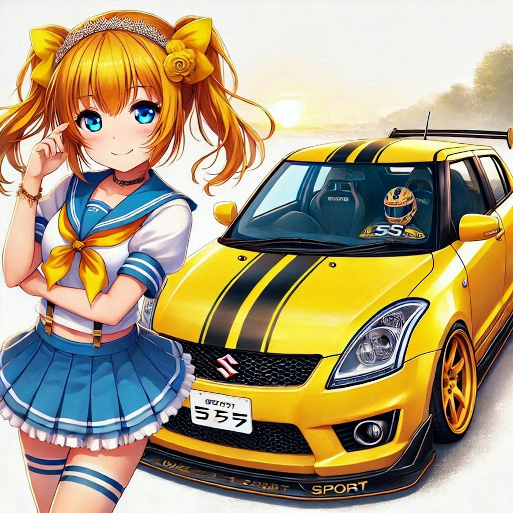 ラブライブキャラとイエローカラースズキスイフトスポーツのドリ車