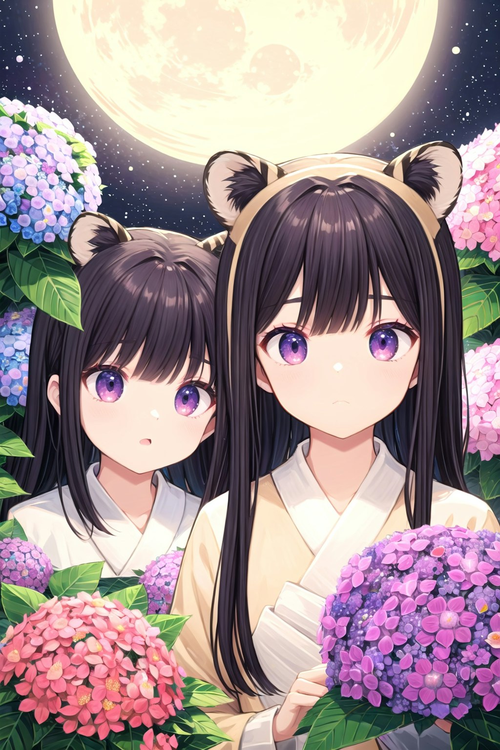 紫陽花とトラ娘たち