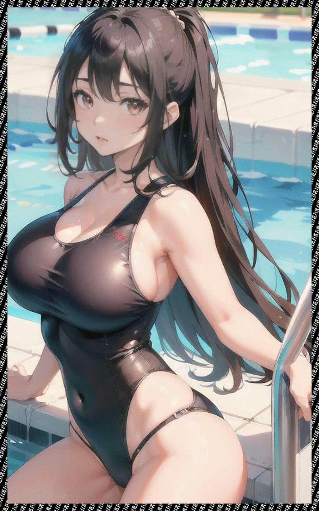 巨乳黒水着　 big breasts black swimsuit