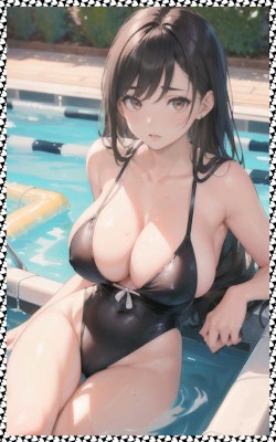 巨乳黒水着　 big breasts black swimsuit
