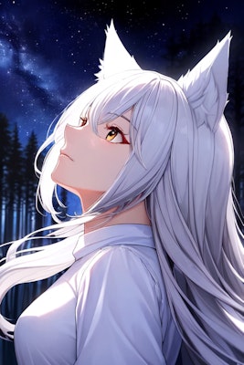 夜空を見上げる白狐