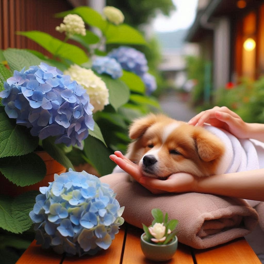 紫陽花と犬