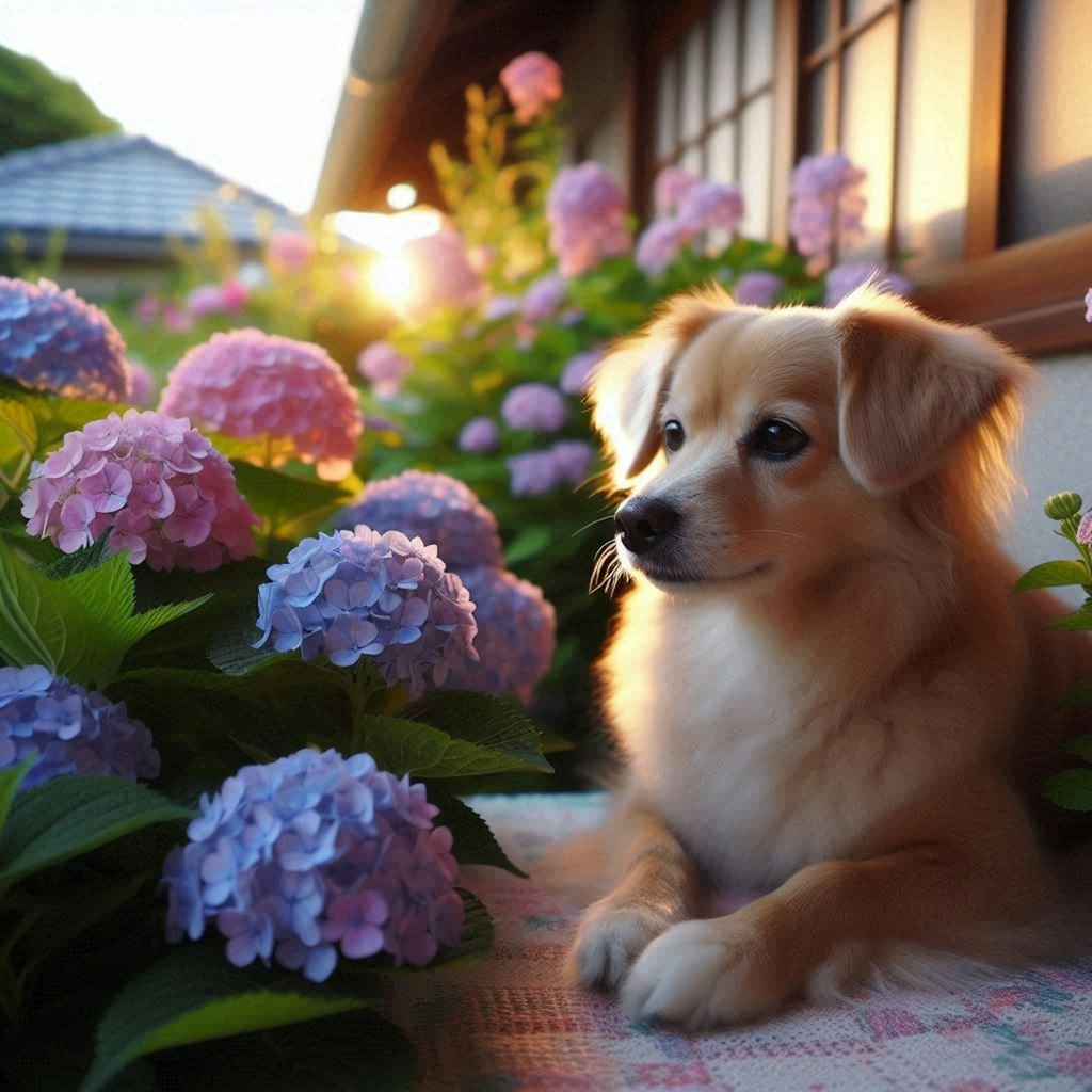 紫陽花と犬