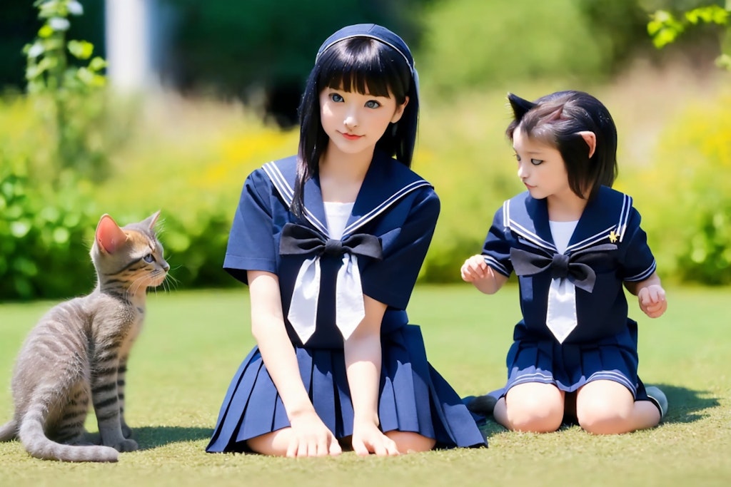 p158 庭で遊ぶセーラー服の子猫達