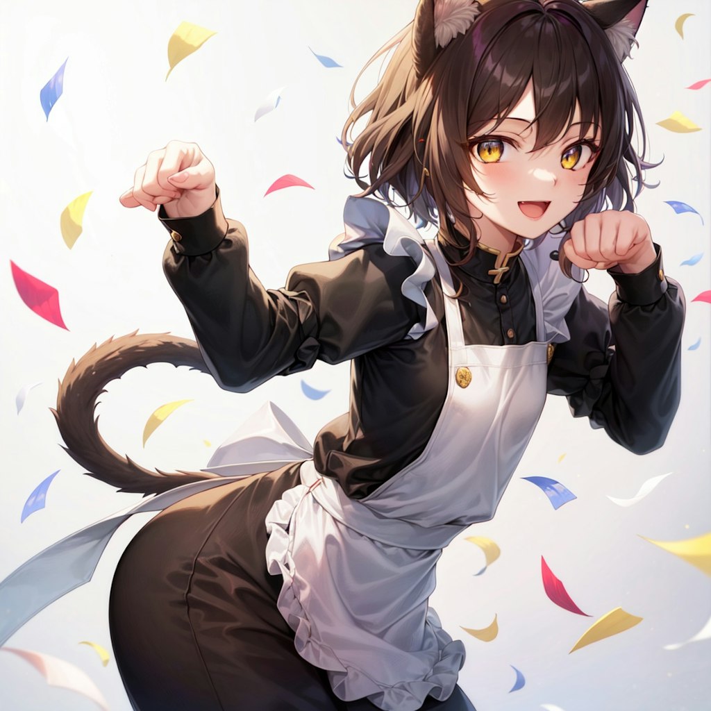 猫のポーズでお祝いする猫娘