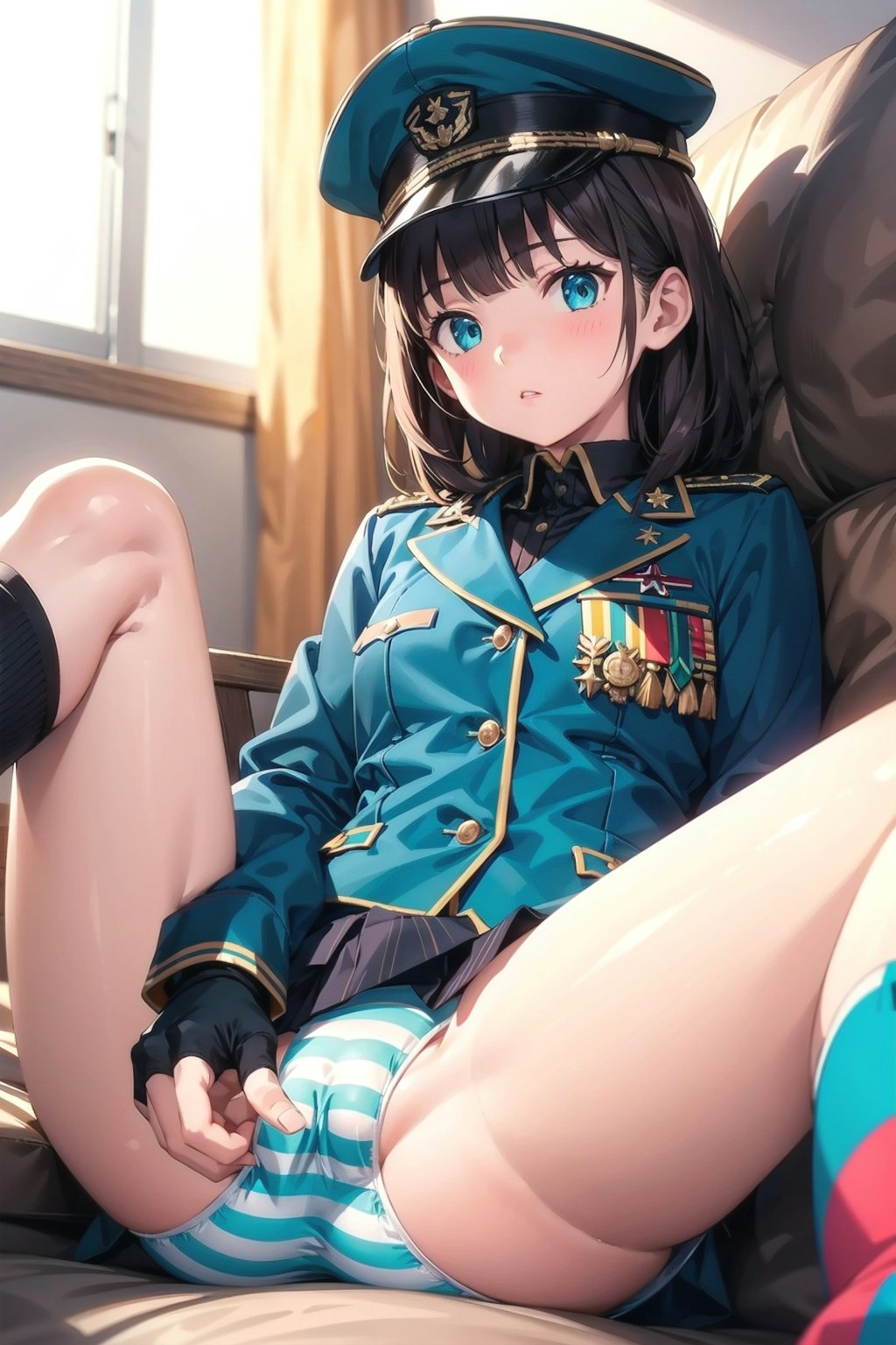 黒髪縞パン軍服少女