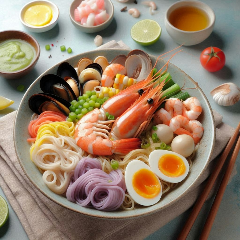 パステルカラーのseafood noodle