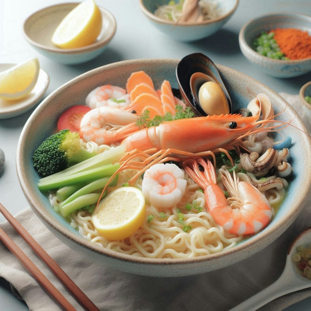 パステルカラーのseafood noodle