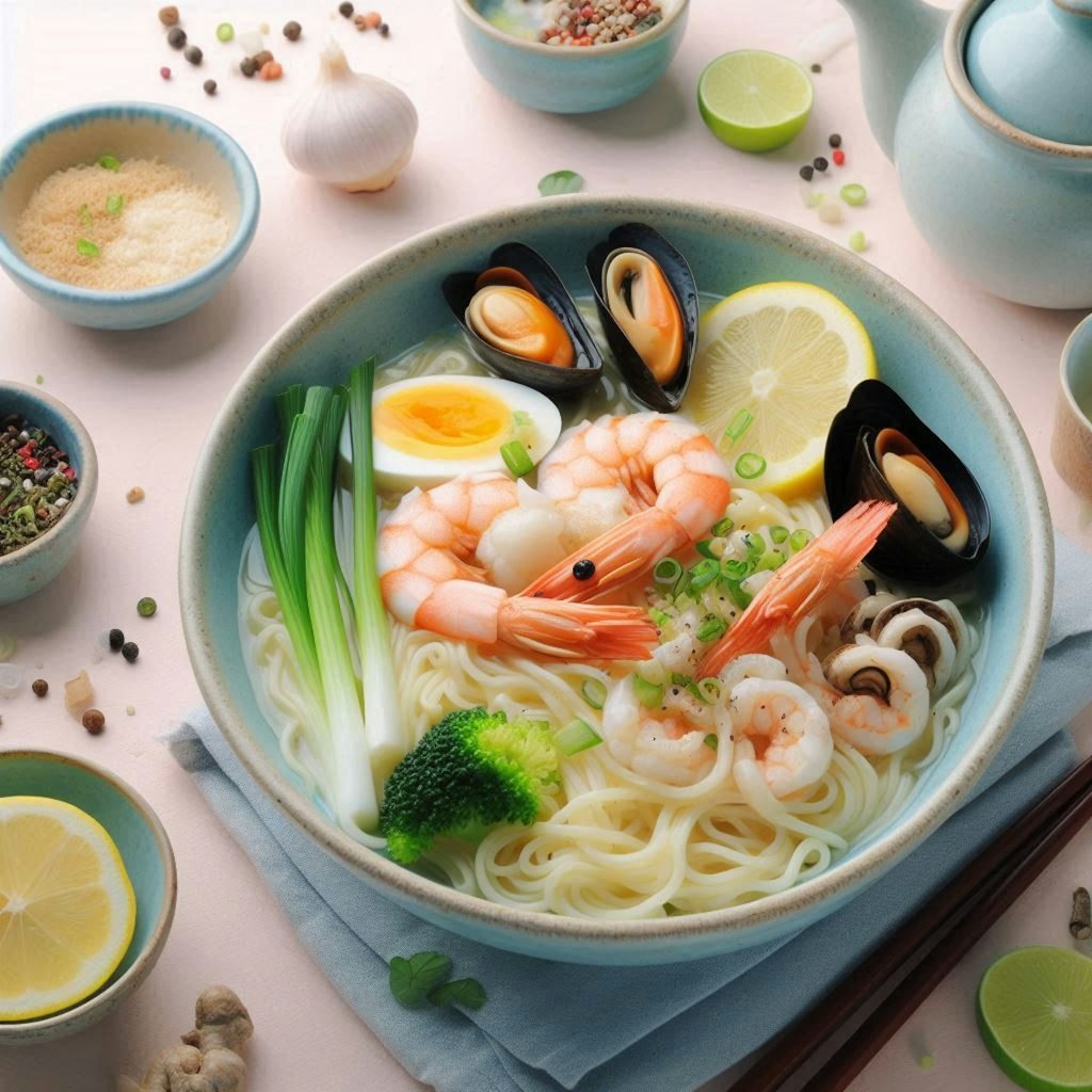 パステルカラーのseafood noodle