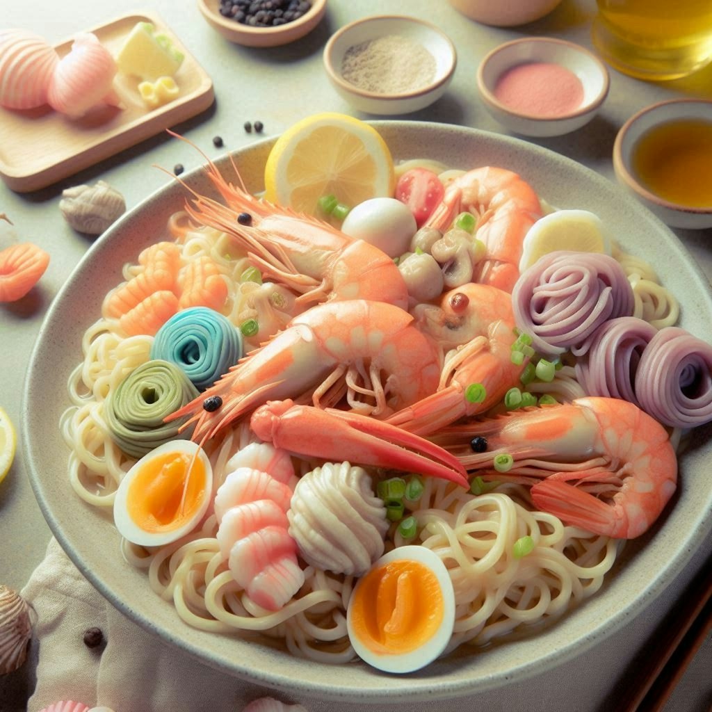 パステルカラーのseafood noodle