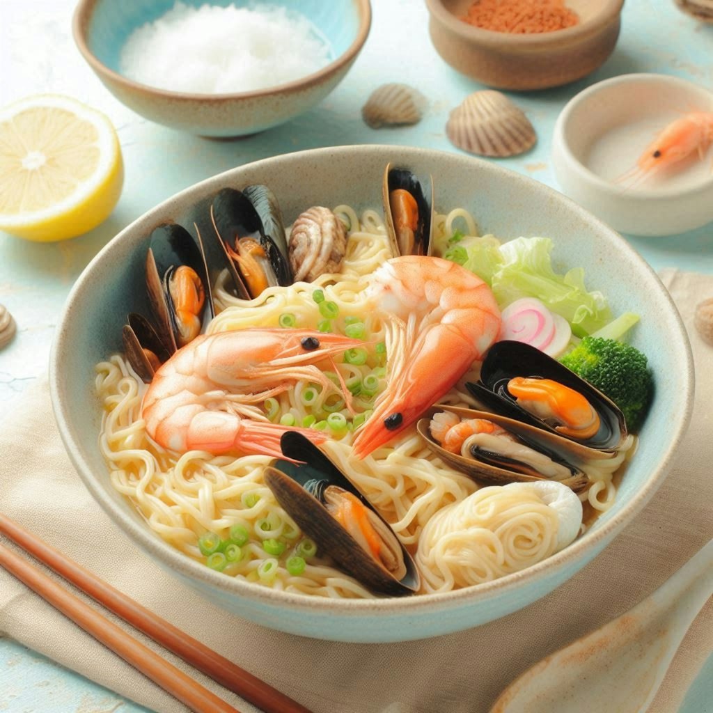 パステルカラーのseafood noodle