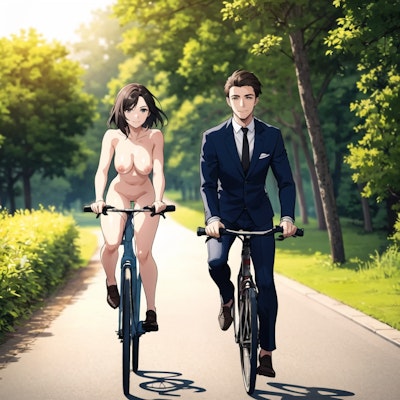 自転車に乗るイケメンと全裸美少女