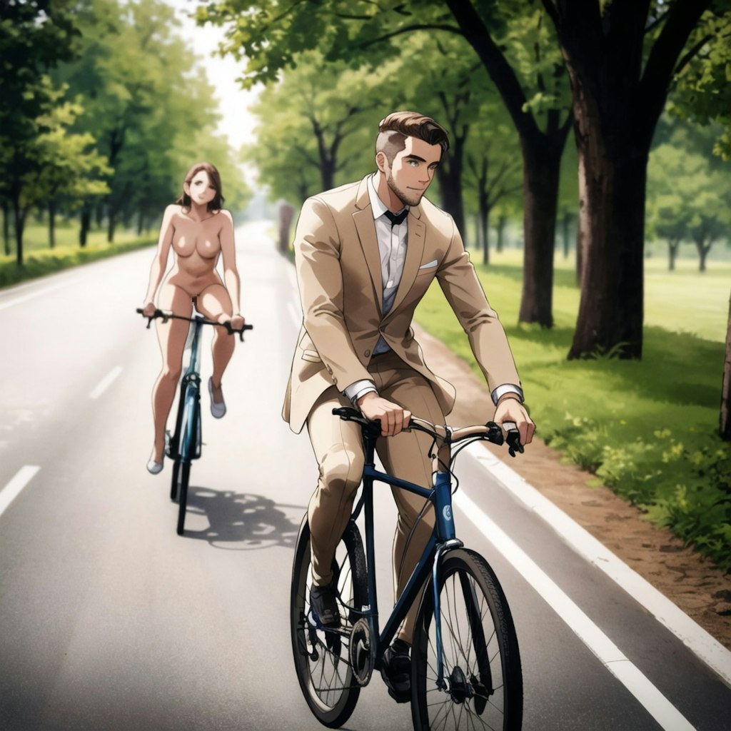 自転車に乗るイケメンと全裸美少女