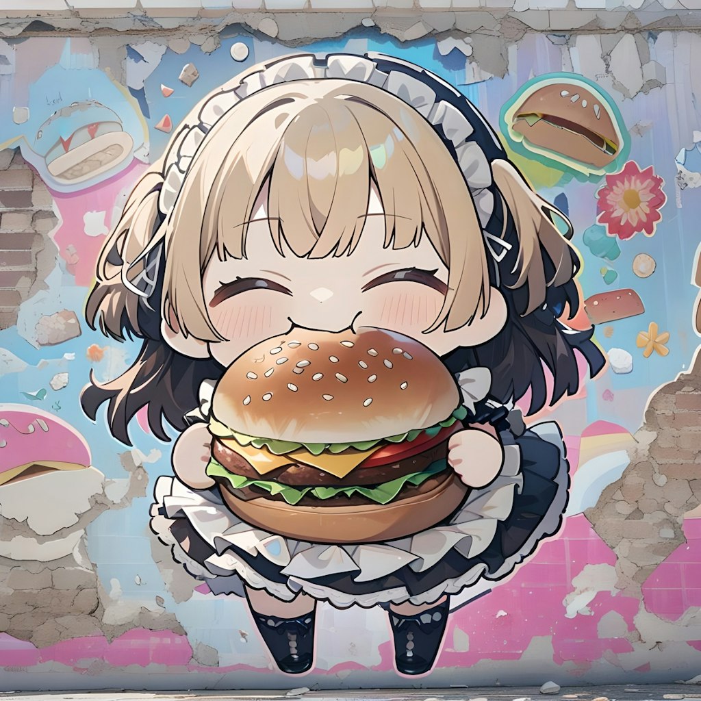 おバーガーもぐもぐ系ウォールペインティング