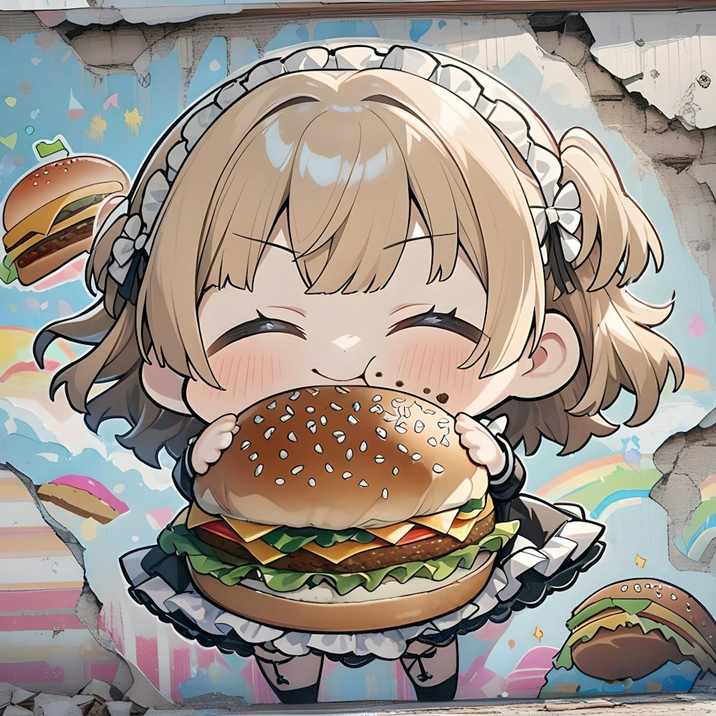 おバーガーもぐもぐ系ウォールペインティング