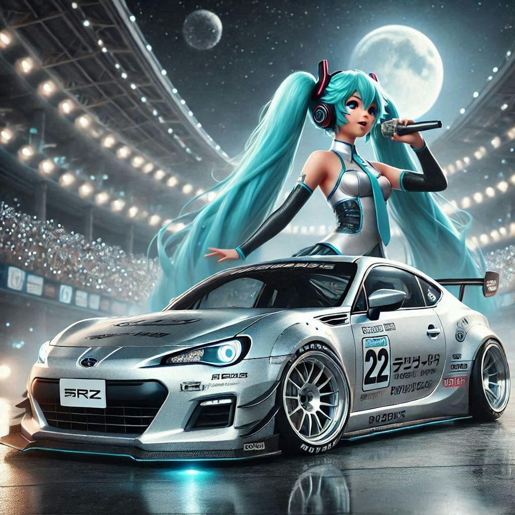 シルバーメタリックのスバルBRZのドリ車と初音ミク