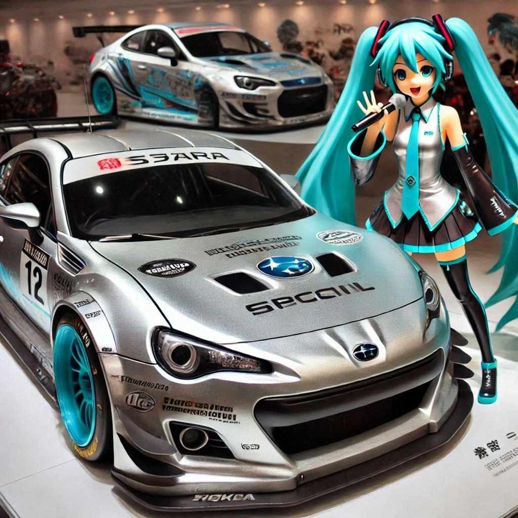 シルバーメタリックのスバルBRZのドリ車と初音ミク