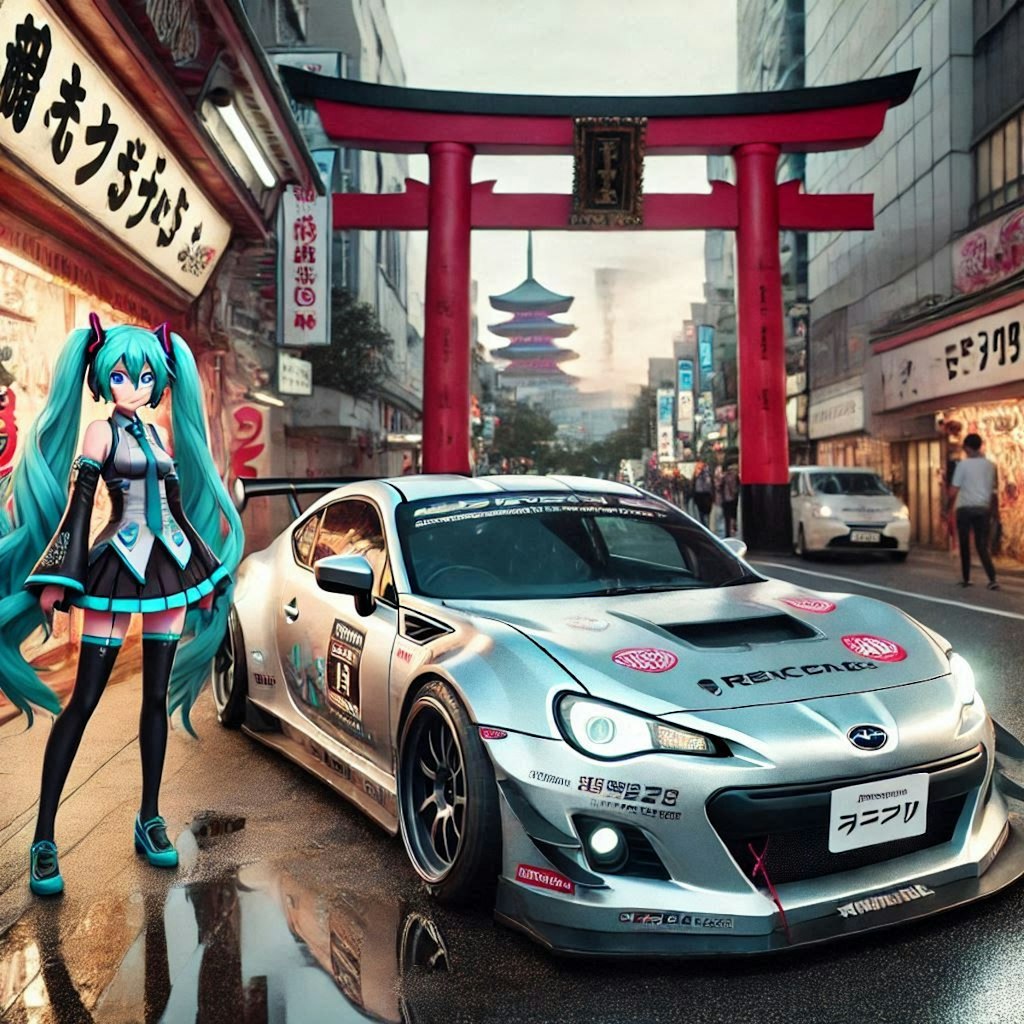 シルバーメタリックのスバルBRZのドリ車と初音ミク