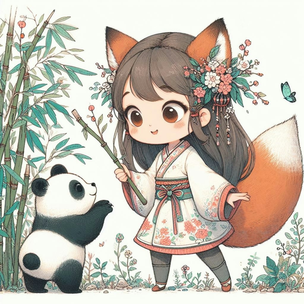 狐娘 旅をする　中国 パンダと出会う