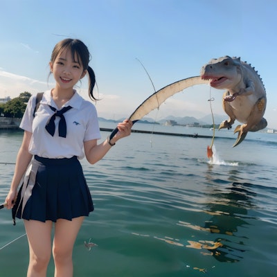 【謎画像】女子高生におとなしく釣られた恐竜