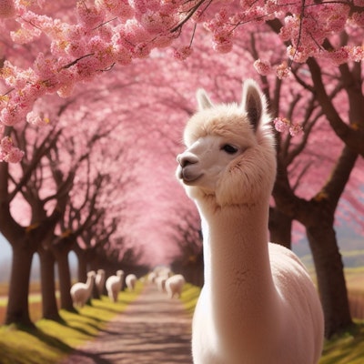 桜並木を散歩するアルパカ