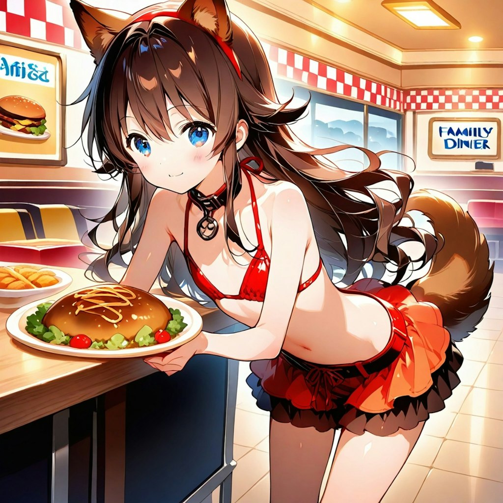 ファミレスで働く犬耳貧乳少女