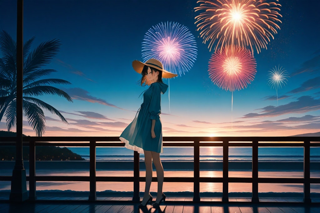 切り絵風夜の花火大会