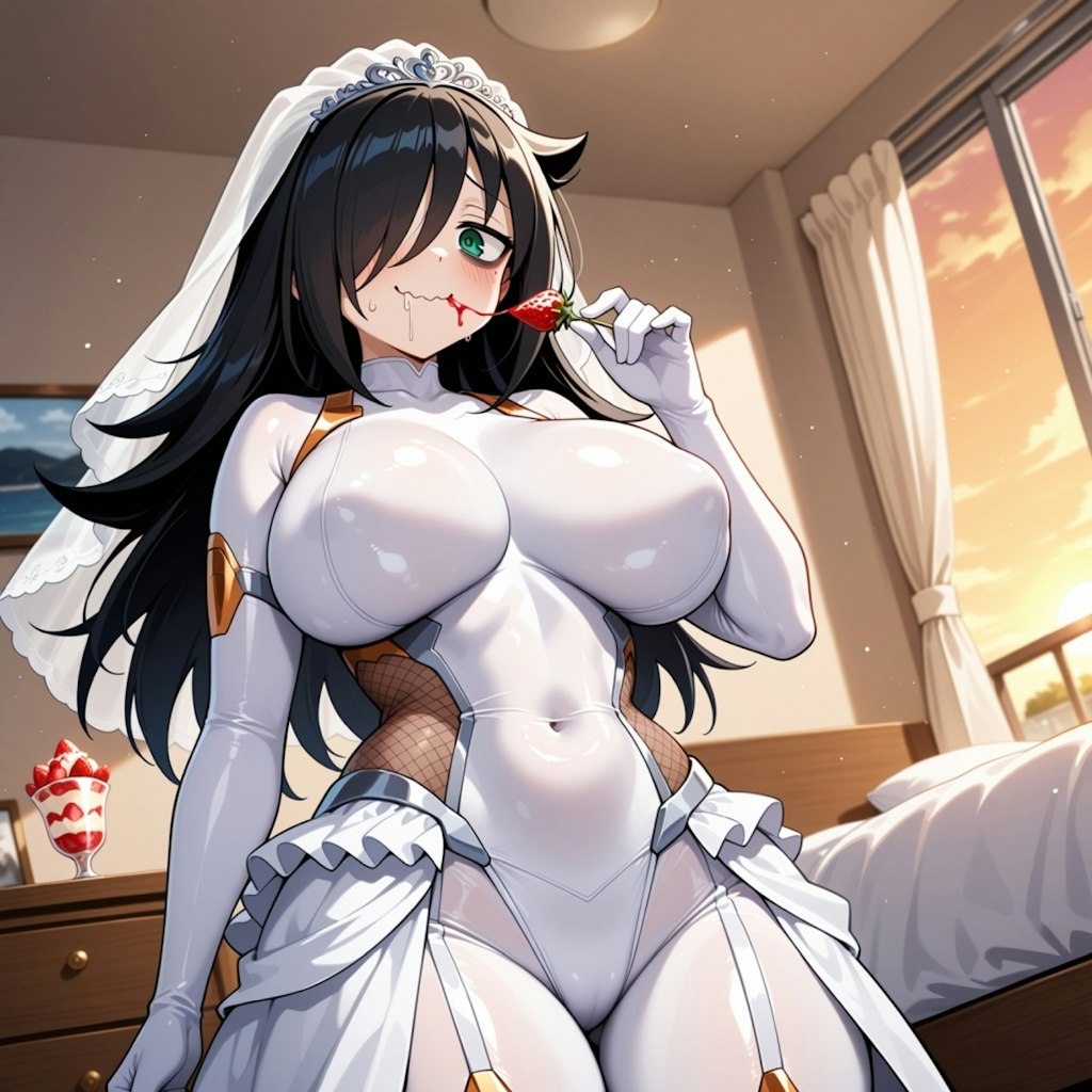自室汚部屋でストロベリーパフェ食べる花嫁ボディスーツコスプレ人妻達