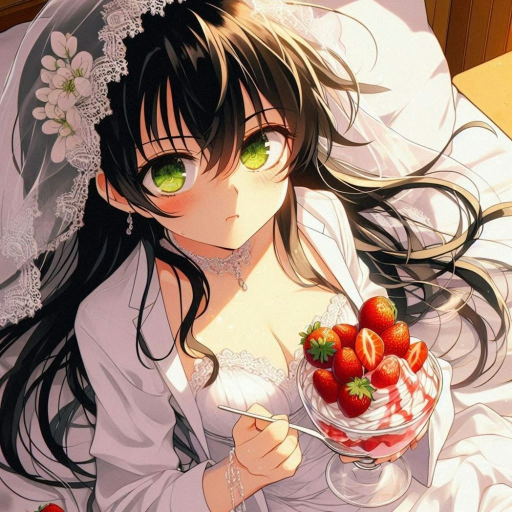 自室汚部屋でストロベリーパフェ食べる花嫁ボディスーツコスプレ人妻達