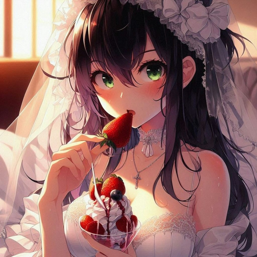 自室汚部屋でストロベリーパフェ食べる花嫁ボディスーツコスプレ人妻達
