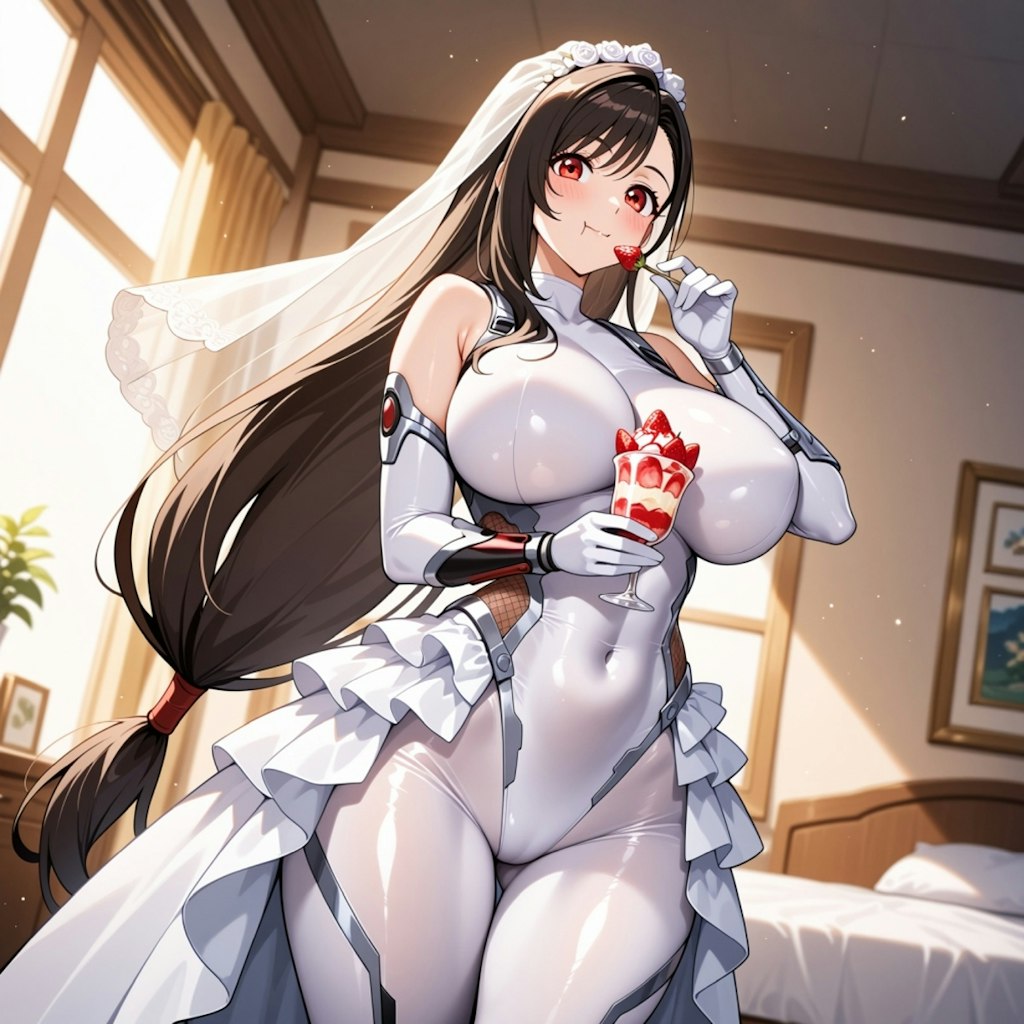 自室汚部屋でストロベリーパフェ食べる花嫁ボディスーツコスプレ人妻達