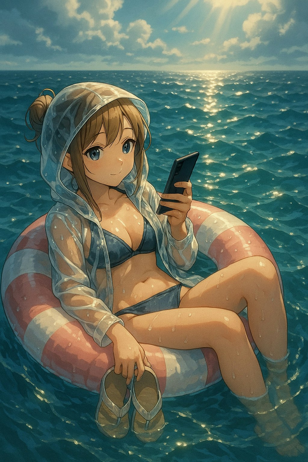 浮き輪で海に浮かぶビキニ少女