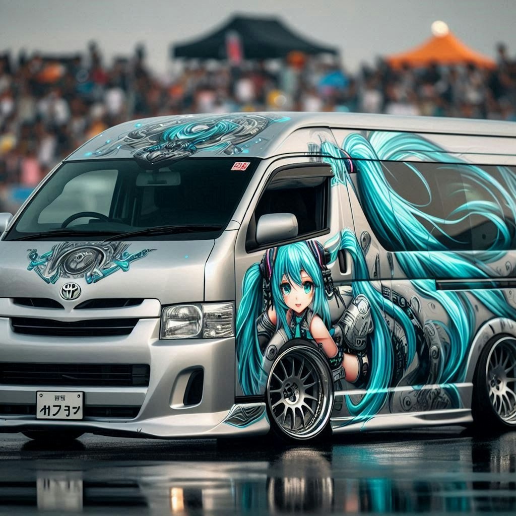 初音ミクカラーのハイエースバンのドリ車