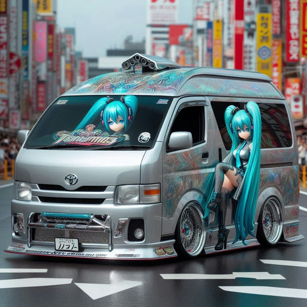 初音ミクカラーのハイエースバンのドリ車