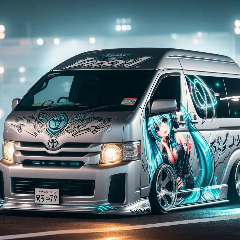 初音ミクカラーのハイエースバンのドリ車