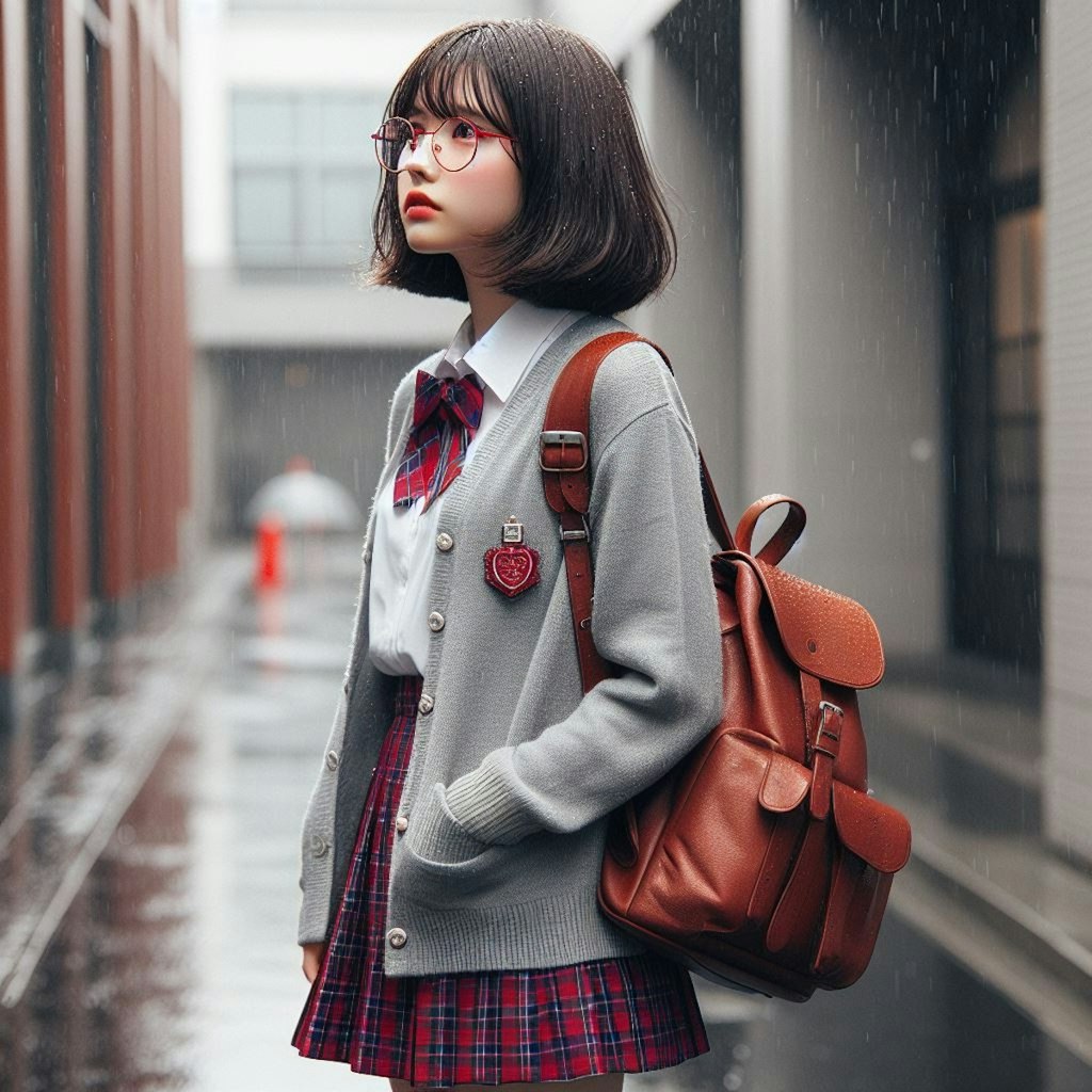 眼鏡女子 楓の雨降り