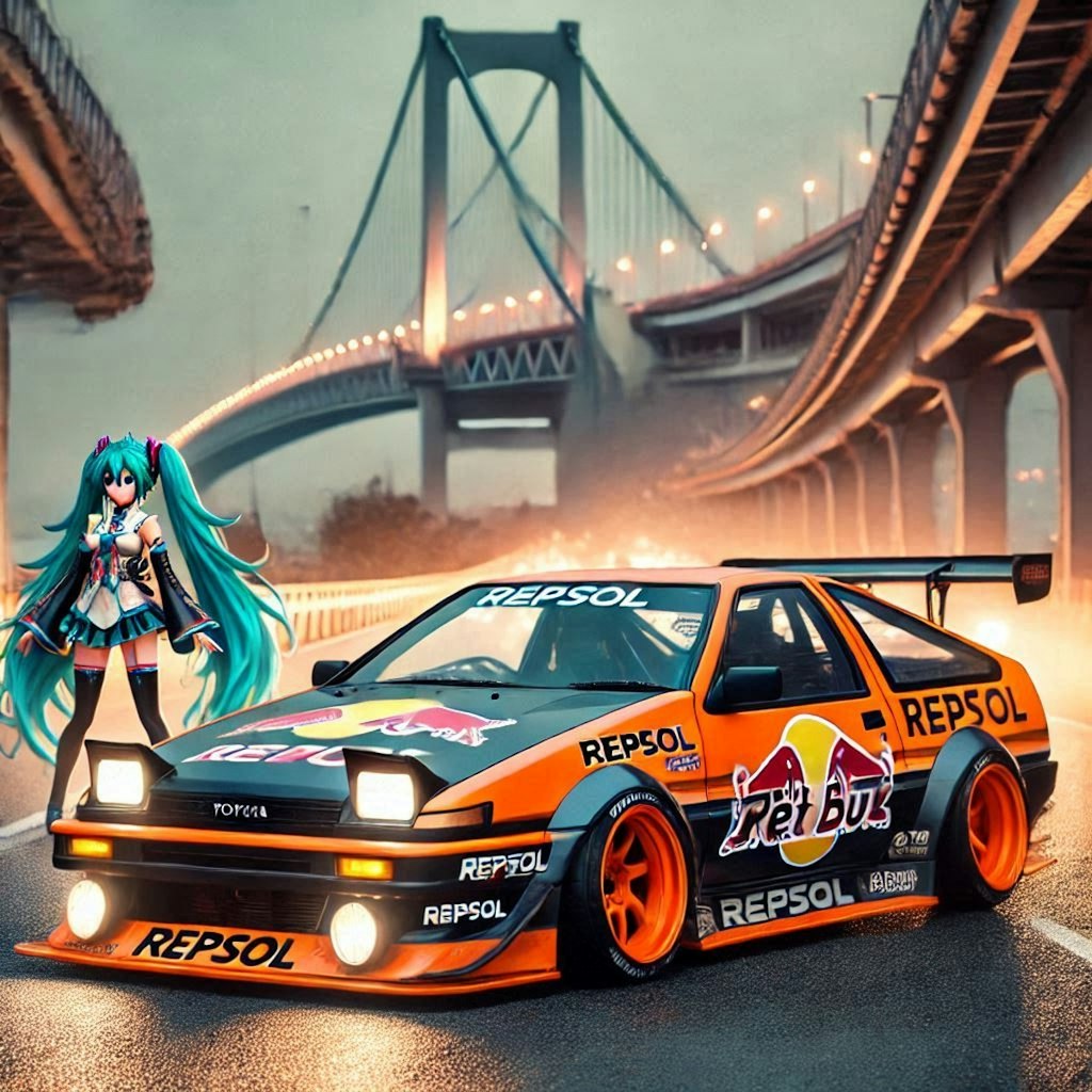 レプソルカラーAE86のドリ車と初音ミク