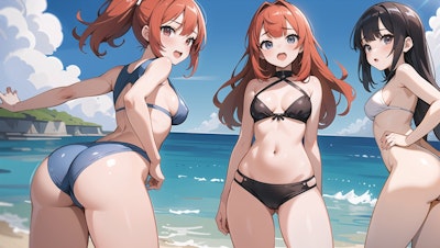 海辺ではしゃぐ水着3人娘