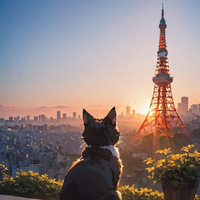 猫と夕日と東京タワー