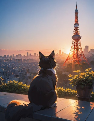 猫と夕日と東京タワー