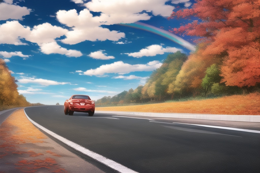 車と虹と秋の雲