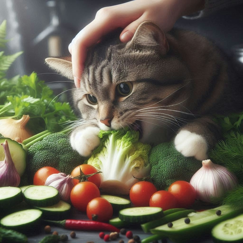 野菜を食べる猫