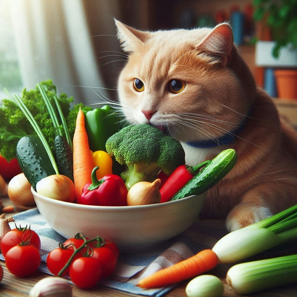 野菜を食べる猫