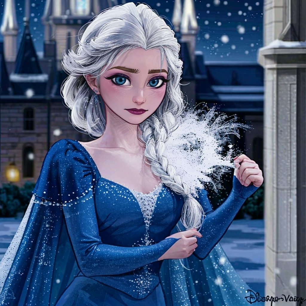 エルサが雪と氷の城でコスプレイヤーの魔法の力を解放！ドレスとケープが描く魅力的な姿