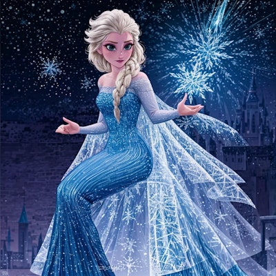 エルサが雪と氷の城でコスプレイヤーの魔法の力を解放！ドレスとケープが描く魅力的な姿