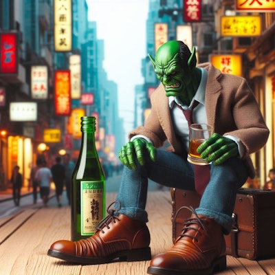 異国の街角と酒瓶を手にした革靴を履いた緑のゴブリンさん