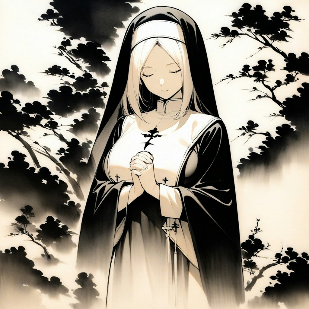水墨画「祈禱聖女」
