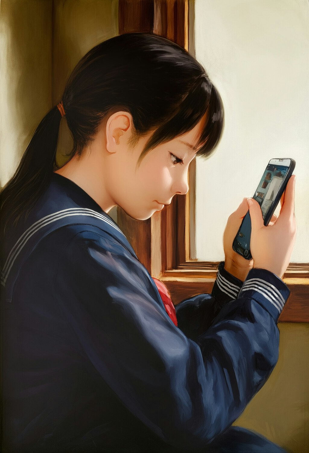 携帯を見る少女