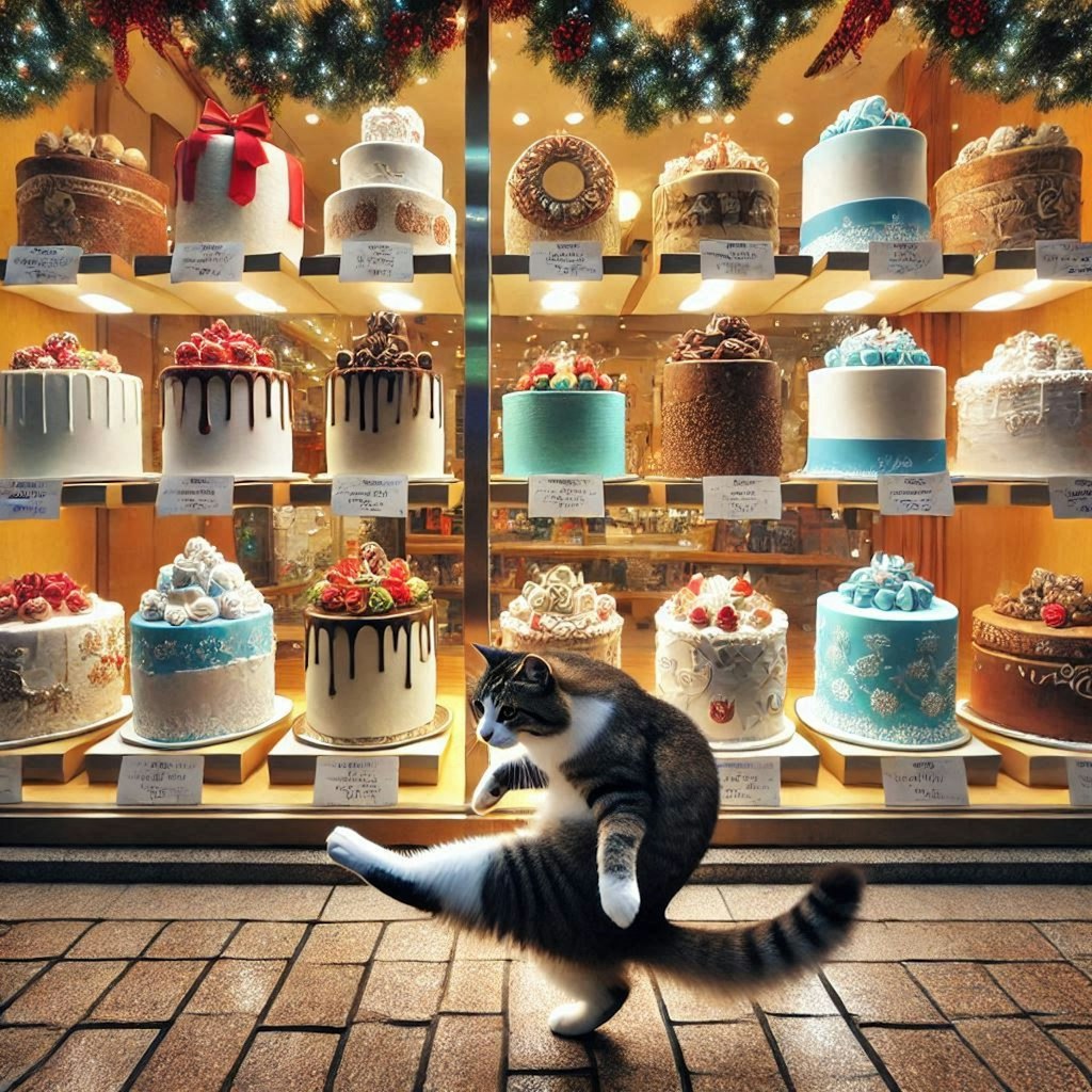 クリスマスケーキを売る猫