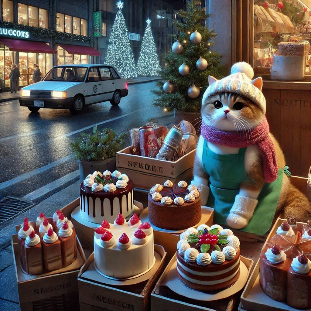 クリスマスケーキを売る猫